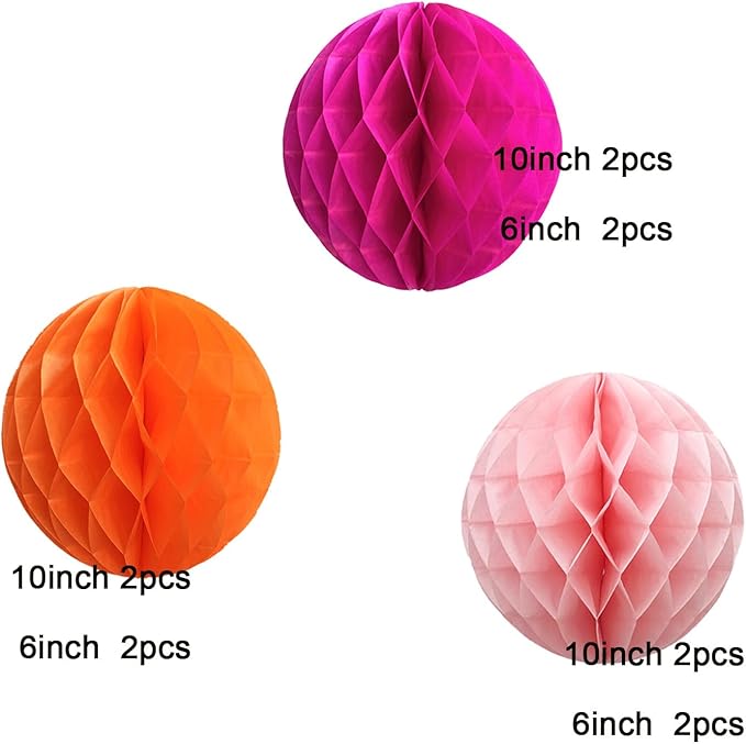 Hot Pink Orange Paper Honeycomb Balls, 12 Pack Hanging Tissue Pom Poms - Image 3