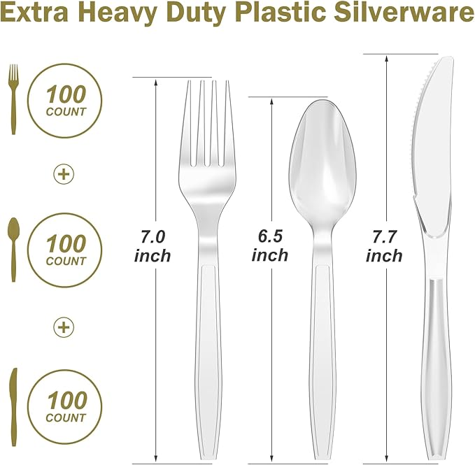 300 Count Extra Heavy Duty Silver Plastic Silverware, 100 Forks, 100 Spoons - Image 2