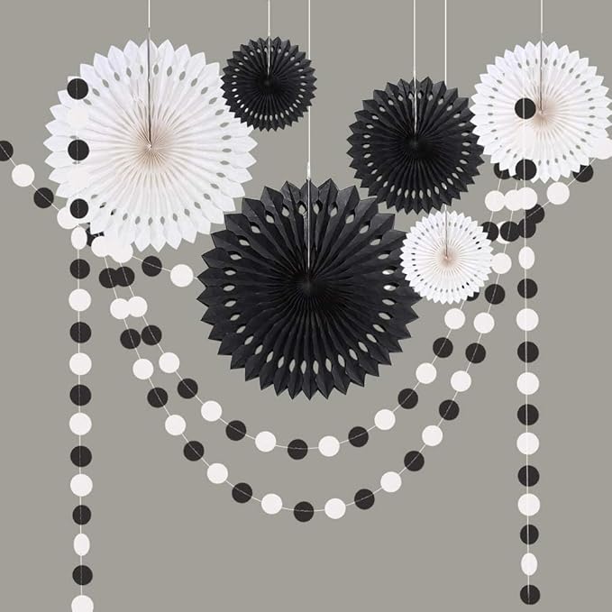 Cheerland Black White Party Decorations Hanging Paper Fans Garland Kit Gothic by Cheerland