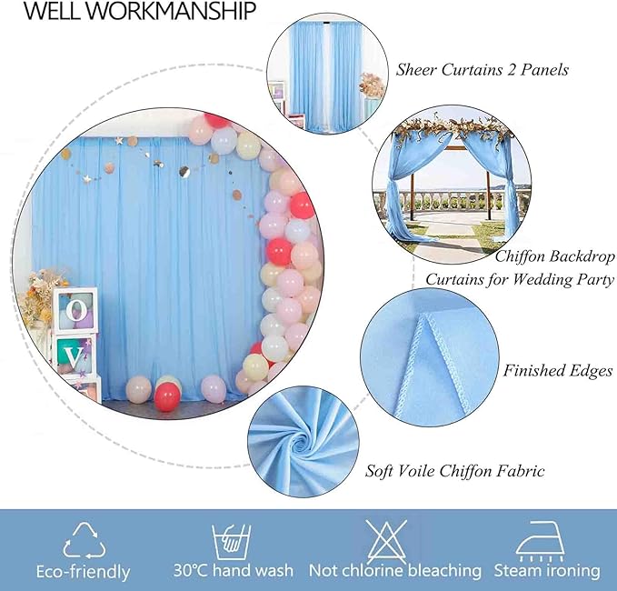 DUOBAO Chiffon Curtains Blue Photography Backdrops Drapes Party Stage 2 Panels - Image 4