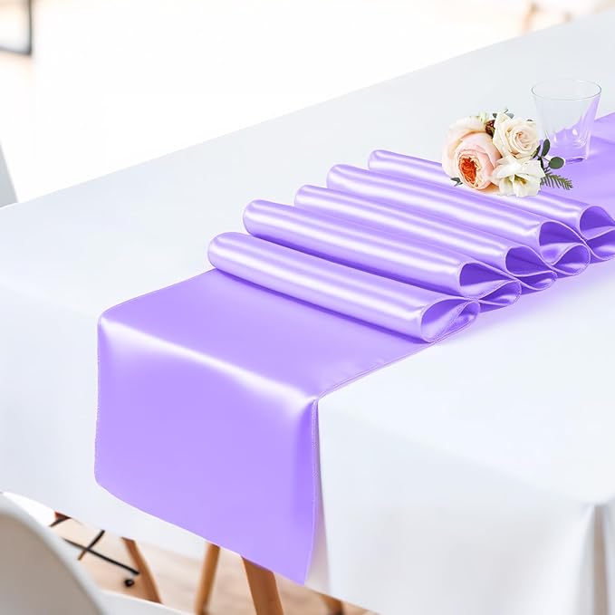 SHEJIZE 10 Pack Lavender Satin Table Runner 12x108 Inches Long, Bright Silky - Image 7