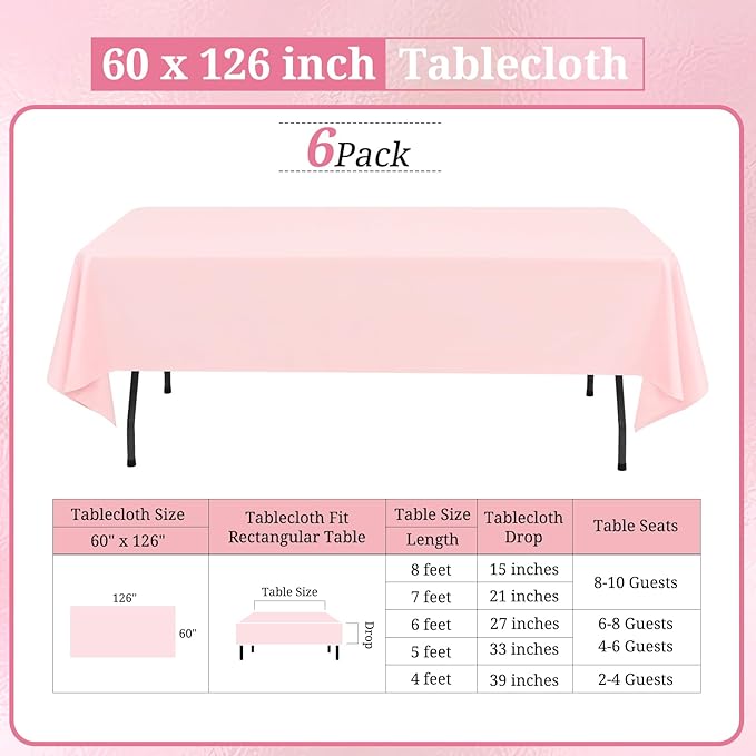 6 Pack Pink Tablecloths for 8ft Rectangle Tables 60 x 126 Inch - Image 2
