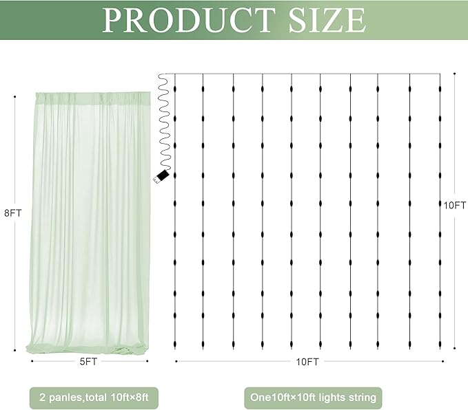 Tulle Backdrop Curtain with Lights String 10FT X 8FT Sage Green Sheer Tulle - Image 2