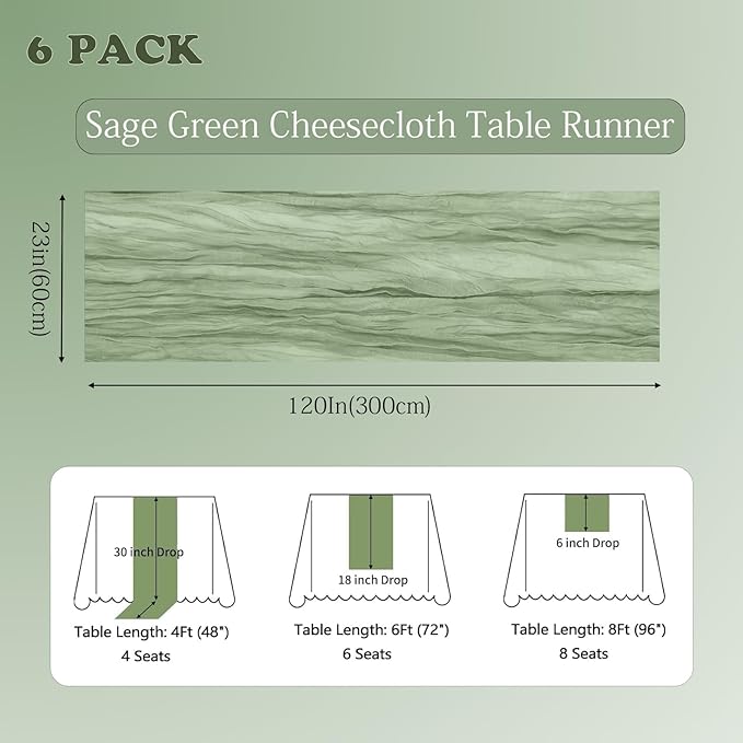 6 Pack Sage Green Cheesecloth Table Runner 23x120 inch Rustic Boho Gauze Table - Image 4