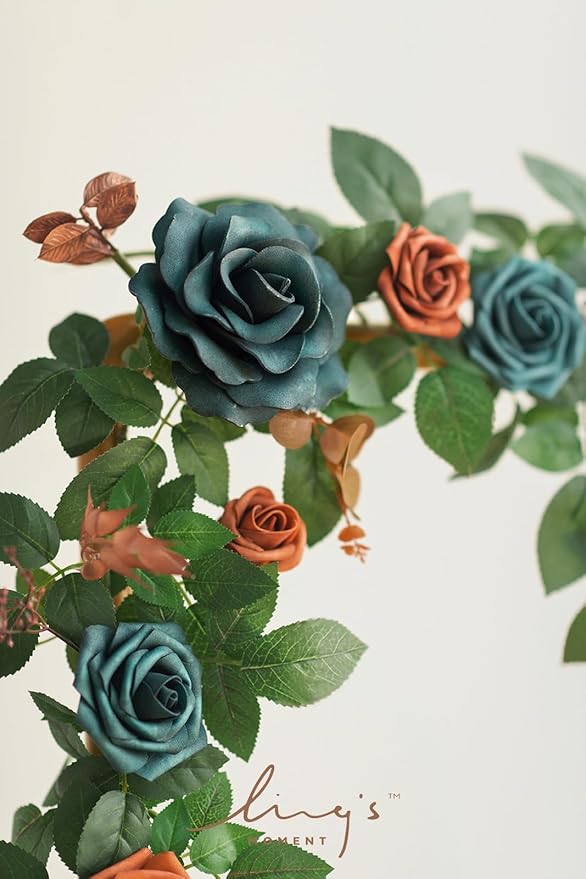 Ling's Moment 5FT Teal Blue Artificial Flower Garland Burnt Orange Rose - Image 4