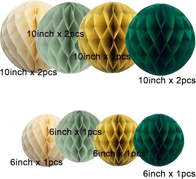 12pcs Sage Green and Gold Paper Honeycomb Balls - Image 3