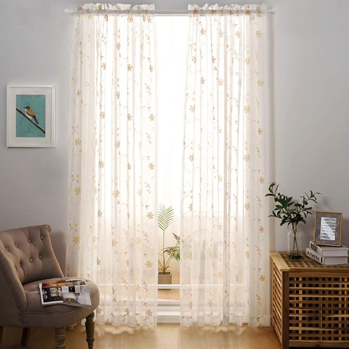Floral Embroidery Gold Sheer Curtains 84 Inches Long, Rod Pocket Sheer Drapes - Image 2