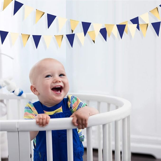 30Ft Navy Blue Gold and Beige Party Decorations Royal Blue Gold Triangle Flag - Image 5
