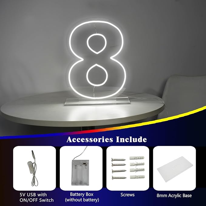 Number 8 Neon Sign for Birthday, 1.38ft Cool White USB Battery Powered Led Neon - Image 5