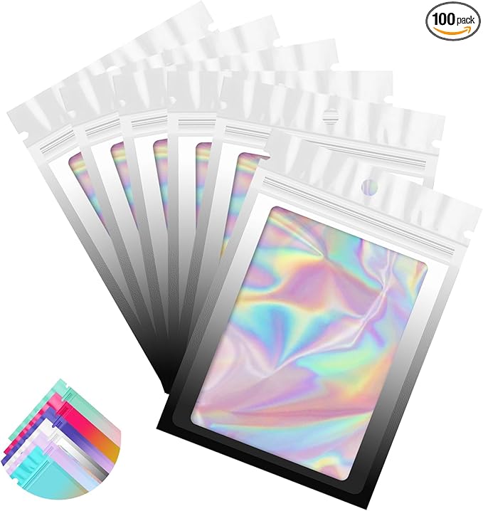 Funfery 100 Pack Gradient Holographic Bags, Resealable Bags by FUNFERY