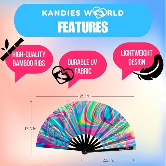 Kandies World UV Reactive Custom Festival Folding Hand Fan - Image 2