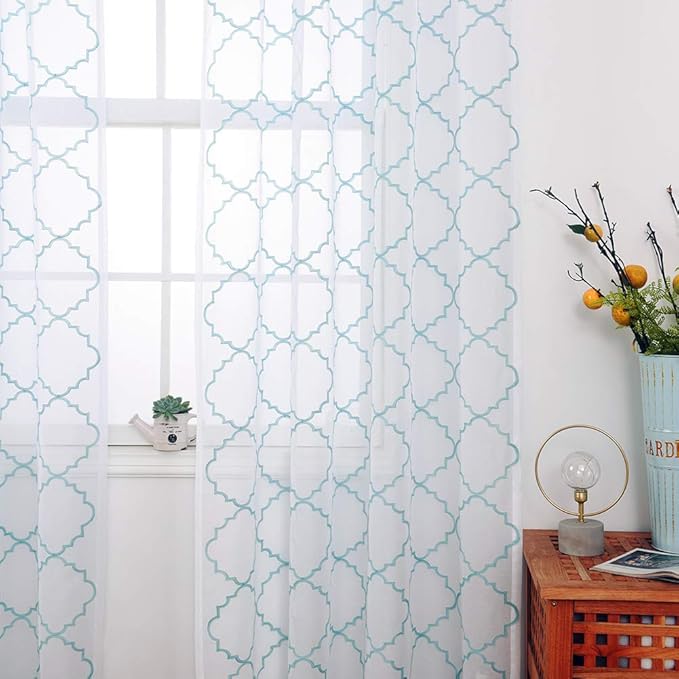 Blue Sheer Curtains 84 Inches Long, Moroccan Embroidered Rod Pocket Sheer Drapes - Image 2