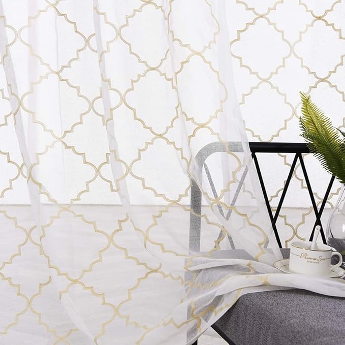 Sheer Curtains Gold 95 Inches Long, Rod Pocket Drapes by MYSTIC-HOME