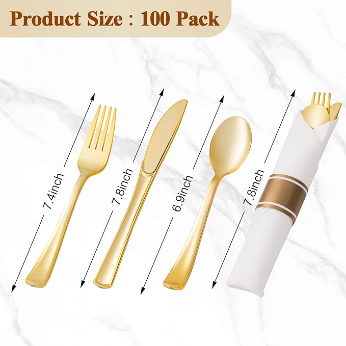 BESTVIP 100 Pack Pre Rolled Gold Plastic Silverware Set, Disposable Wrapped - Image 3