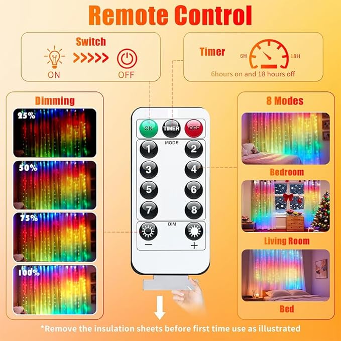 300LED Fairy Curtain Lights, 9.8x9.8Ft Warm White USB Plug in 8 Modes & Timer - Image 4