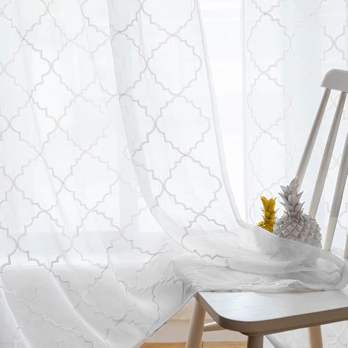 Sheer Curtains White 63 Inches, Embroidered Moroccan Tile Lattice Design Rod by MYSTIC-HOME