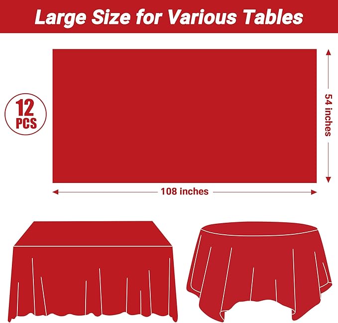 12 PCS Red Disposable Plastic Tablecloth, Party Red Plastic Table Cloth - Image 2