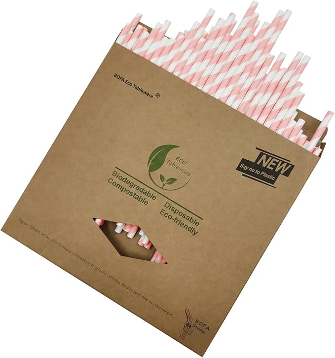 Pink and White Striped Paper Drinking Straws, Cute Pink Girls Shower Straw by BOFAEcoTableware