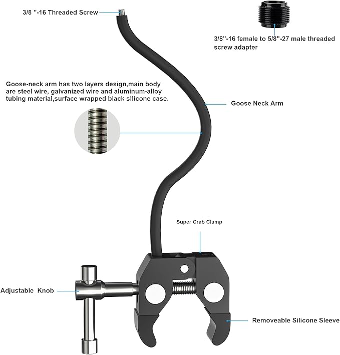 Gooseneck Microphone Stand, 19.69" Flexible Adjustable Arm Super Crab Clamp Mic - Image 4
