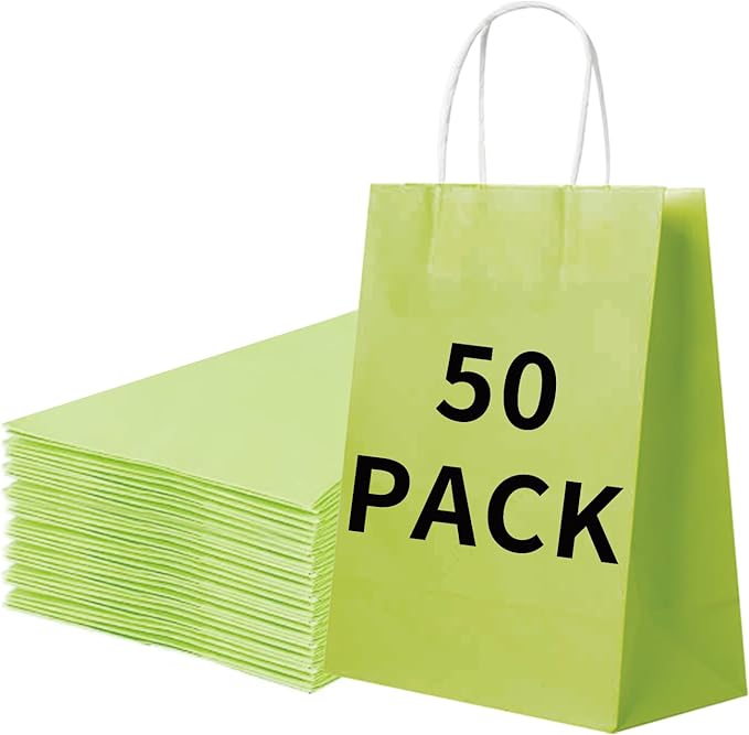 BAG BOX 50 Pack Small 5.9x3.1x8.25 Inch Green Kraft Paper Gift Bags by BAGBOX