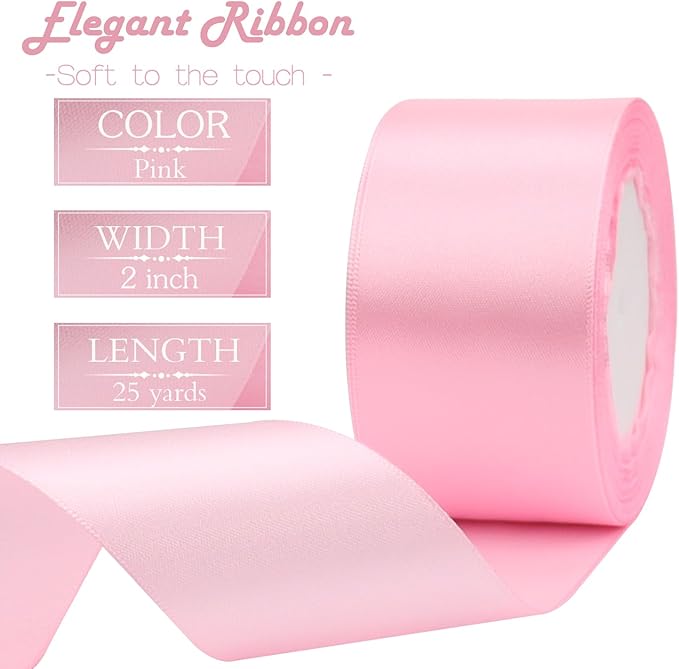 Pink Solid Satin Ribbon 2 Inch 25 Yards Solid Polyester Fabric Ribbon - Image 3