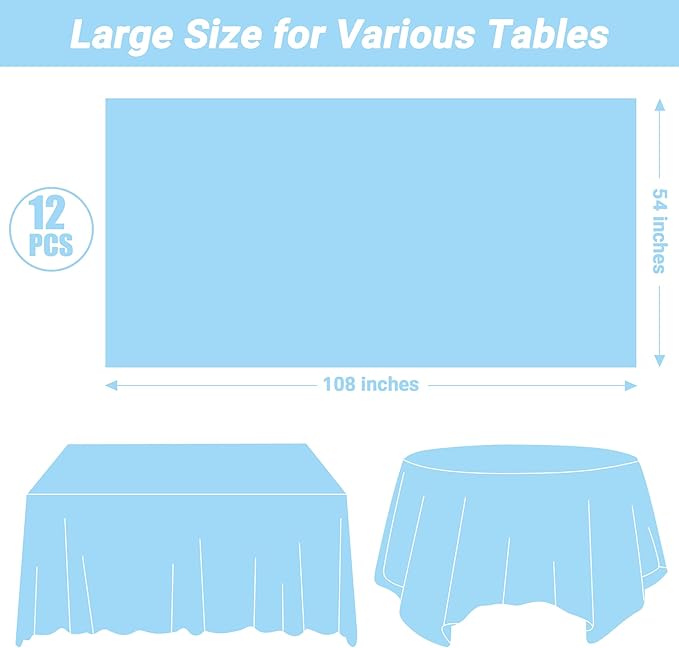 QZYL 12 PCS SkyBlue Plastic Tablecloths, 54 in x 108 in Dinner Table Cloths - Image 2