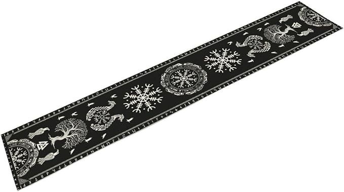 Ancient Abstract Pattern Table Runner, Tree of Life Eagle Dragon Boat Rudder - Image 2