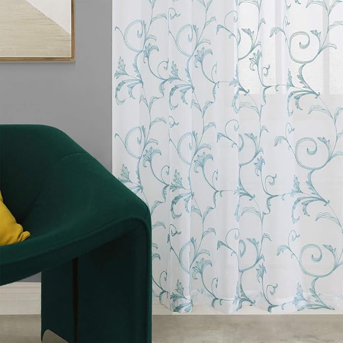 Embroidery Blue Sheer Curtains 84 Inches Long, Rod Pocket Sheer Drapes - Image 5