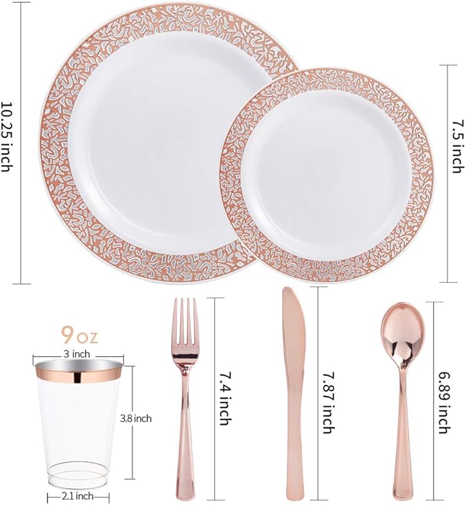 WELLIFE 175 Pieces Rose Gold Plastic Dinnerware, Rose Gold Dinnerware Set - Image 2