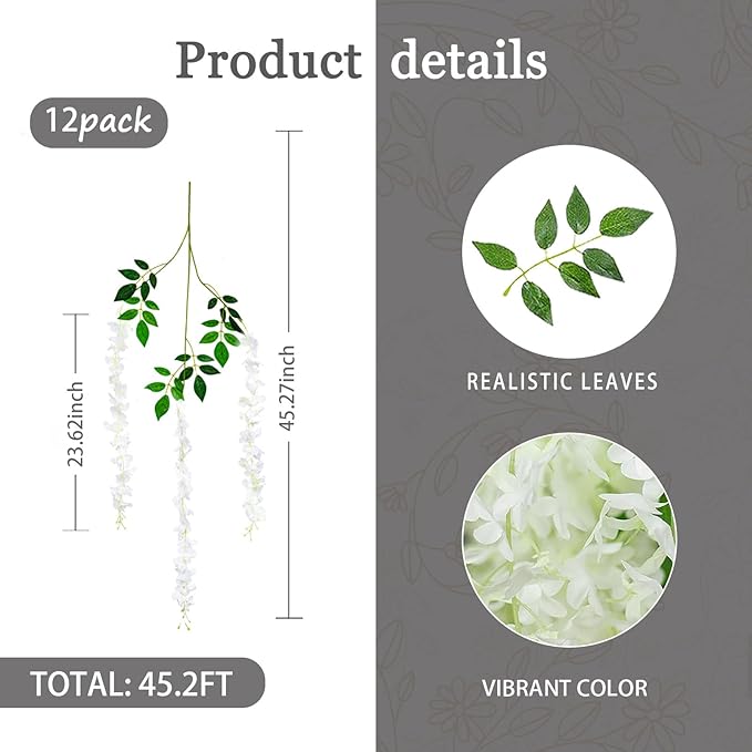 12 Pack White Wisteria Hanging Flowers Garland, 3.77 Feet Artificial Flower - Image 3