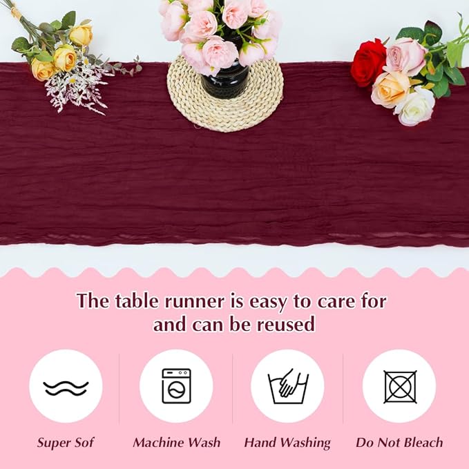 10 Pack Wine red Cheesecloth Table Runner -21*120Inch Long Boho Wedding Table - Image 4