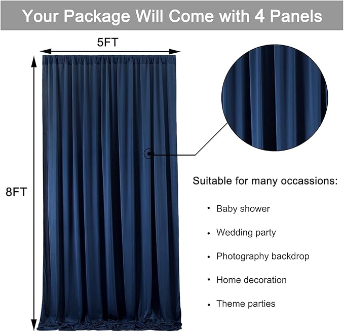 20 ft x 8 ft Navy Blue Backdrop Curtain Panels, 4 Panels 5 ft x 8 ft Wrinkle - Image 6