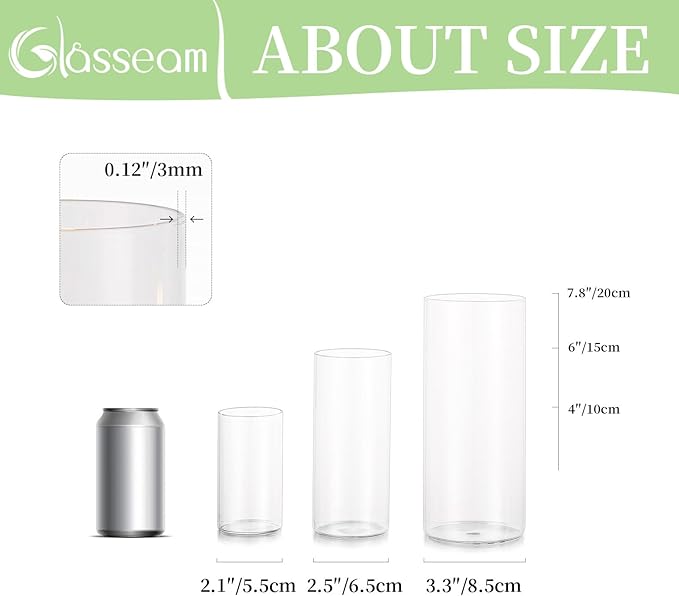 Glasseam Cylinder Vases Set of 12, Hurricane Candle Holder Clear Different Sizes - Image 4