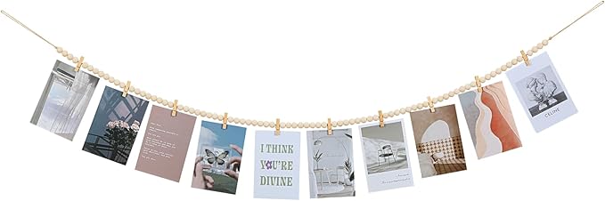 Hanging Photo Display with Clips, Boho Wooden Bead Garland Collage Picture by KLOGTSINDDirect
