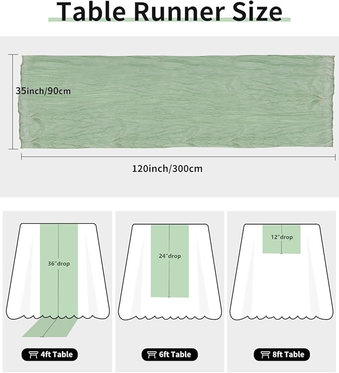 Sage Green Cheesecloth Table Runner 120 Inch, Boho Rustic Gauze 10 FT, Summer - Image 4