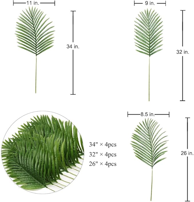 DILATATA 12 pcs Artificial Palm Leaves, 3 Sizes: Large 34'', Medium 30'' - Image 2