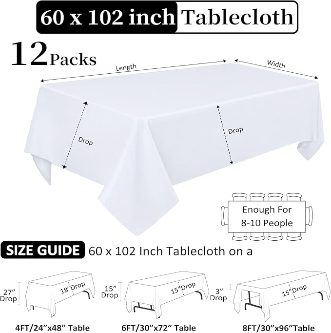 12 Pack White Table Cloth 60 x 102 Inch Rectangular Tablecloths - Image 2