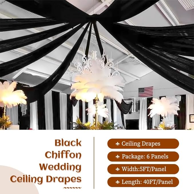 6 Panels Black Wedding Ceiling Drapes 5ftx40ft Ceiling Drapes Chiffon Fabric - Image 2