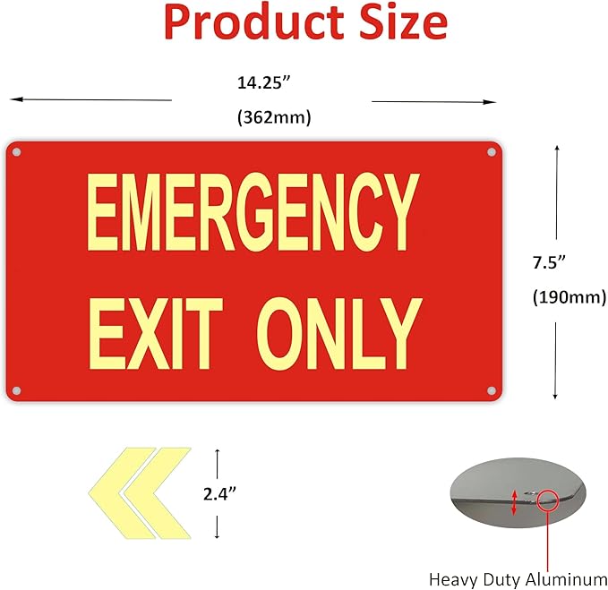 Photoluminescent Emergency Exit Sign Red, Glow In The Dark Aluminum Exit Sign - Image 2