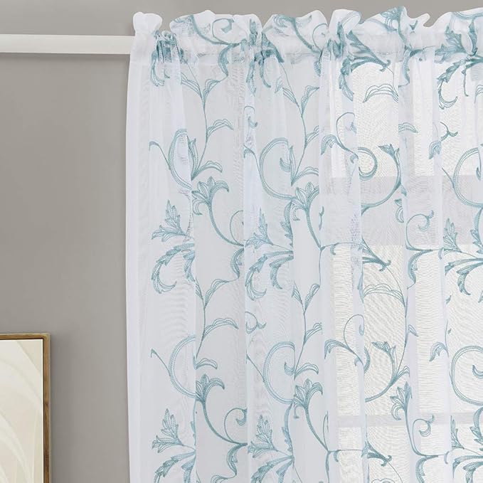 Embroidered Sheer Curtains Blue 95 Inches Vintage Floral, Window Treatments Rod - Image 3
