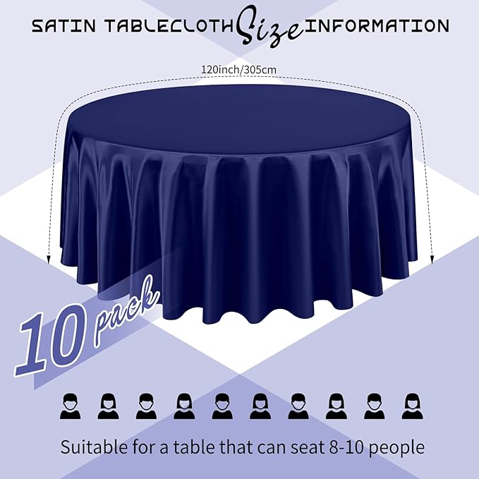 10 Packs Satin Tablecloth 120 Inch Navy Blue Round Table Cloth Silk Tablecloth - Image 2