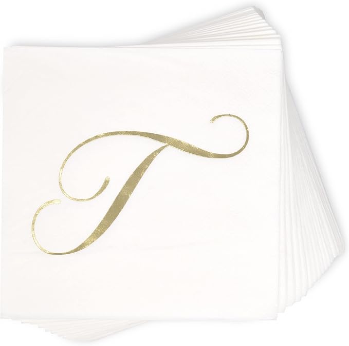 Gift Boutique 100 Gold Monogram Cocktail Napkins Letter T Disposable Paper Pack - Image 5