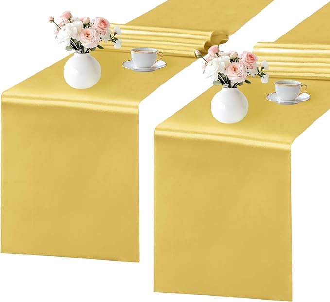 SHEJIZE 2 Pack Light Gold Satin Table Runner 12x108 Inches Long, Bright Silky by SHEJIZE