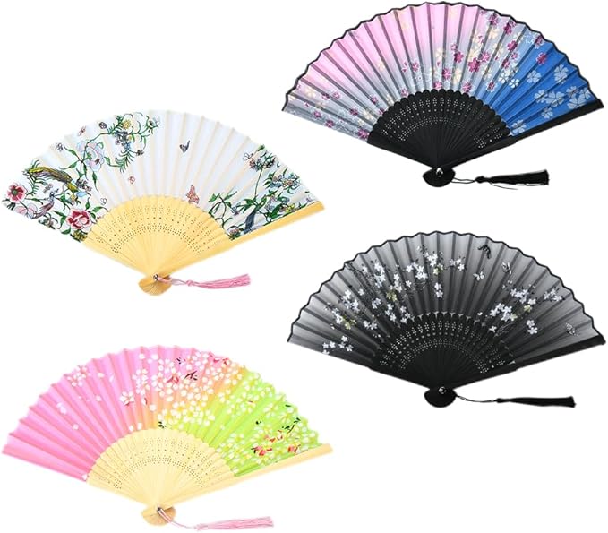 HUNANBANG 4 Pieces Oriental Bamboo Folding Hand Fans Church Wedding Gift by HUNANBANG