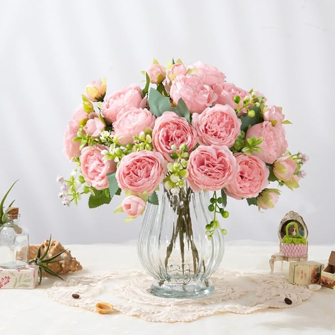 Artificial Peonies Silk Flowers in Glass Vase Faux Flowers Bouquets Modern - Image 8