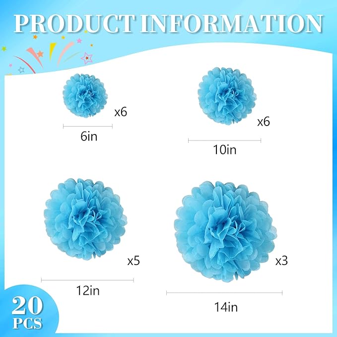 20 PCS Baby Blue Tissue Paper Pom Poms, Tissue Pom Poms Flowers, Sizes of 6" - Image 2