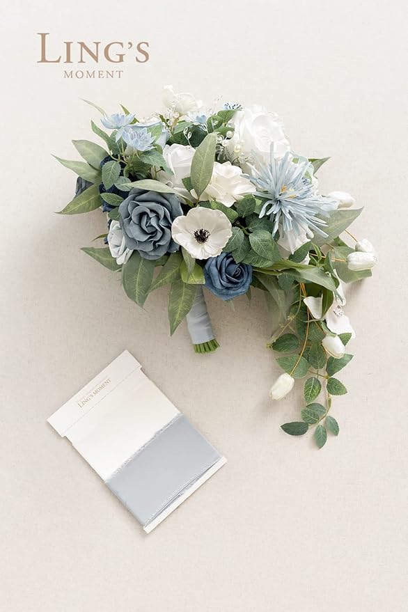 Ling's moment Dusty Blue Bridal Bouquet Cascading, Wedding Bouquets - Image 7