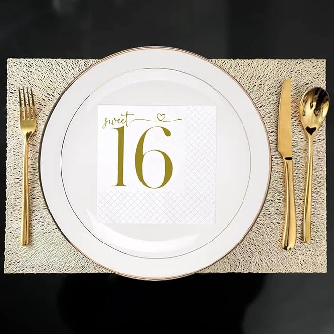SharkBliss Sweet 16 Happy Birthday Cocktail Napkins, 100 Pack Gold Sweet 16 - Image 3