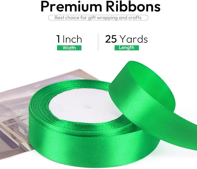 1 Inch 25 Yards Satin Ribbon Green, Solid Color Fabric Ribbon - Image 2