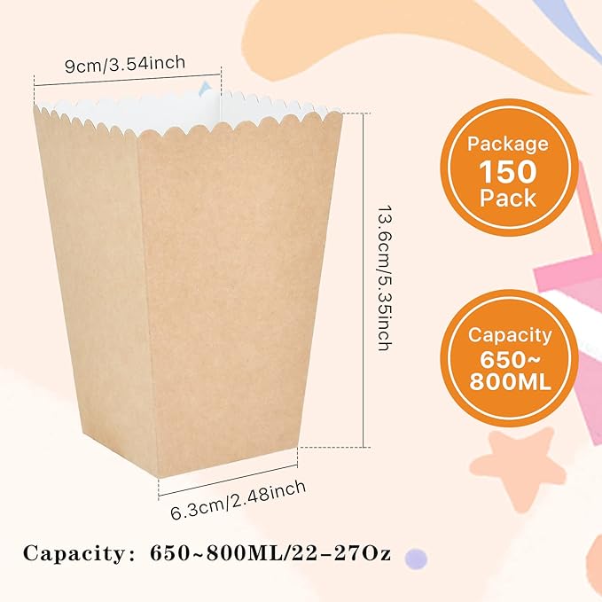 150 Pcs Popcorn Boxes, 22-27 Oz Mini Paper Popcorn Box, Oil-Proof Kraft Paper - Image 2